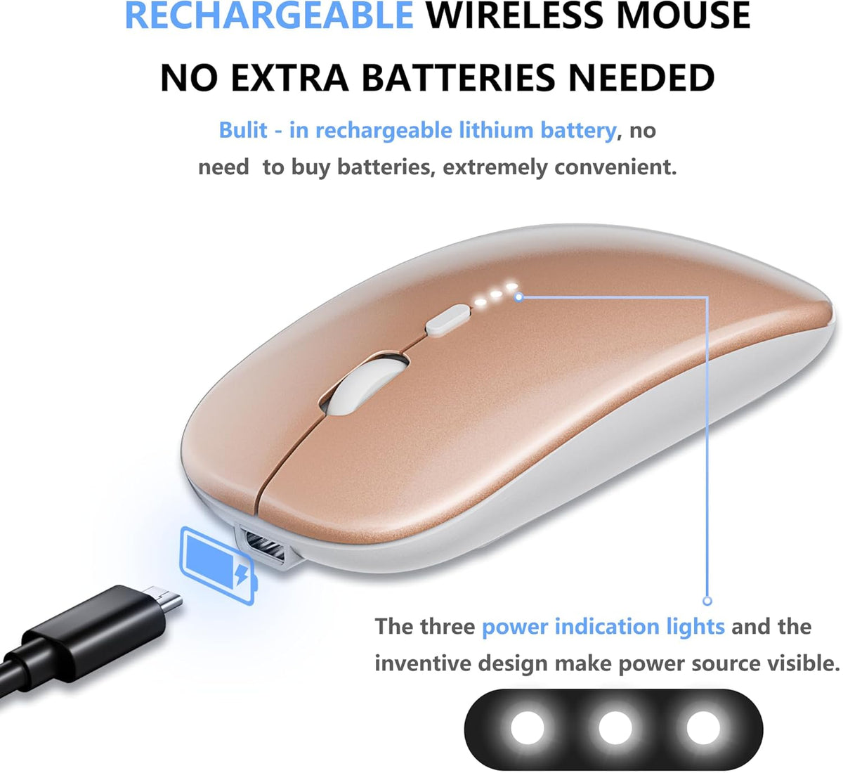 Slim Rechargeable Wireless Silent Mouse, 2.4G & Bluetooth Technology for Laptop/PC/Mac/iPad - Gold