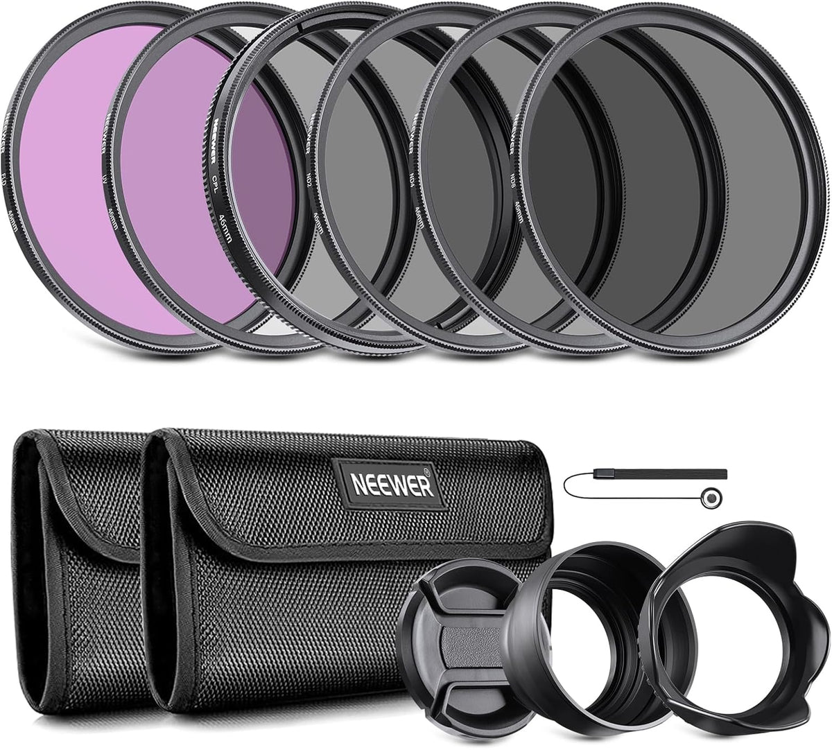 NEEWER 46mm ND Lens Filter Kit: UV, CPL, FLD, ND2, ND4, ND8, Lens Hood, Lens Cap for Canon Nikon Sony