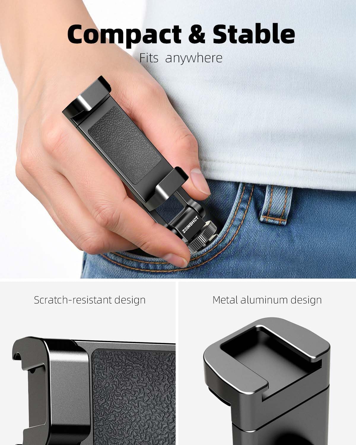 All Metal Phone Tripod Mount, 360° Rotation Tripod Phone Mount with 2 Cold Shoes, Adjustable Cell Phone Mount Adapter with 1/4" Thread, Compatible with iPhone Android Phones, Digital Camera