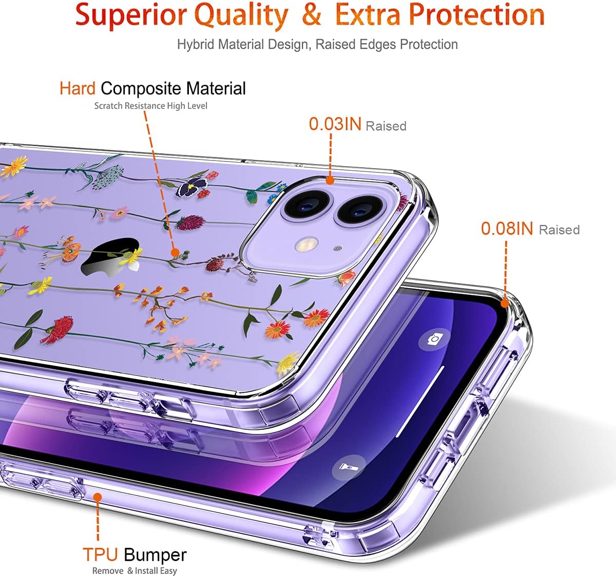 GiiKa iPhone 12 Case with Screen Protector, Clear Floral Shockproof Hard Case with TPU Bumper for iPhone 12