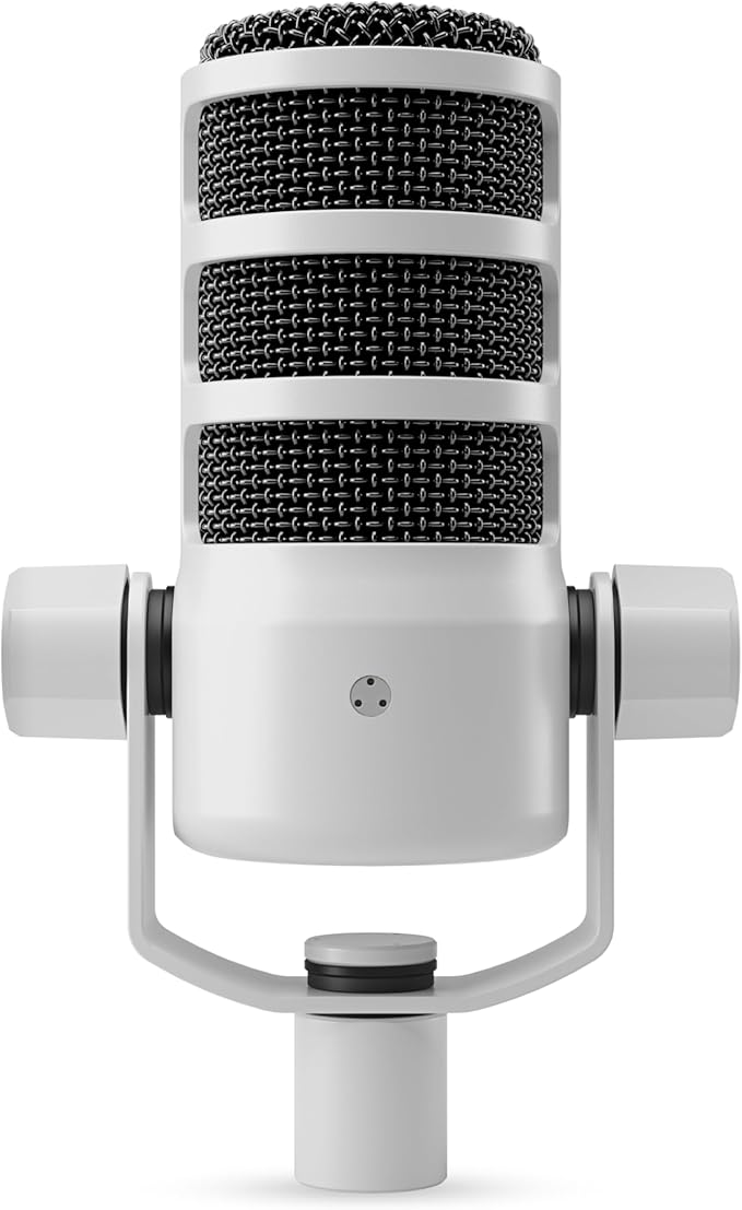 Rode PodMic White (Pair) Cardioid Dynamic Broadcast Microphones with 2X Low Profile Mic Boom Arms and 2X XLR Cables