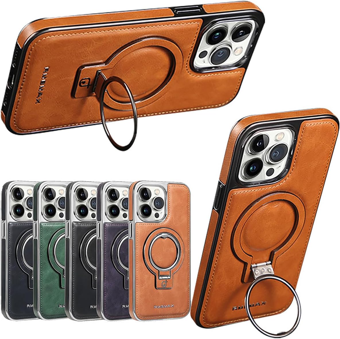 Luxury Leather Invisible Stand Case for iPhone 15/14/13/12 Pro Max, Magsafe, Drop Protection (Brown, for iPhone 13
