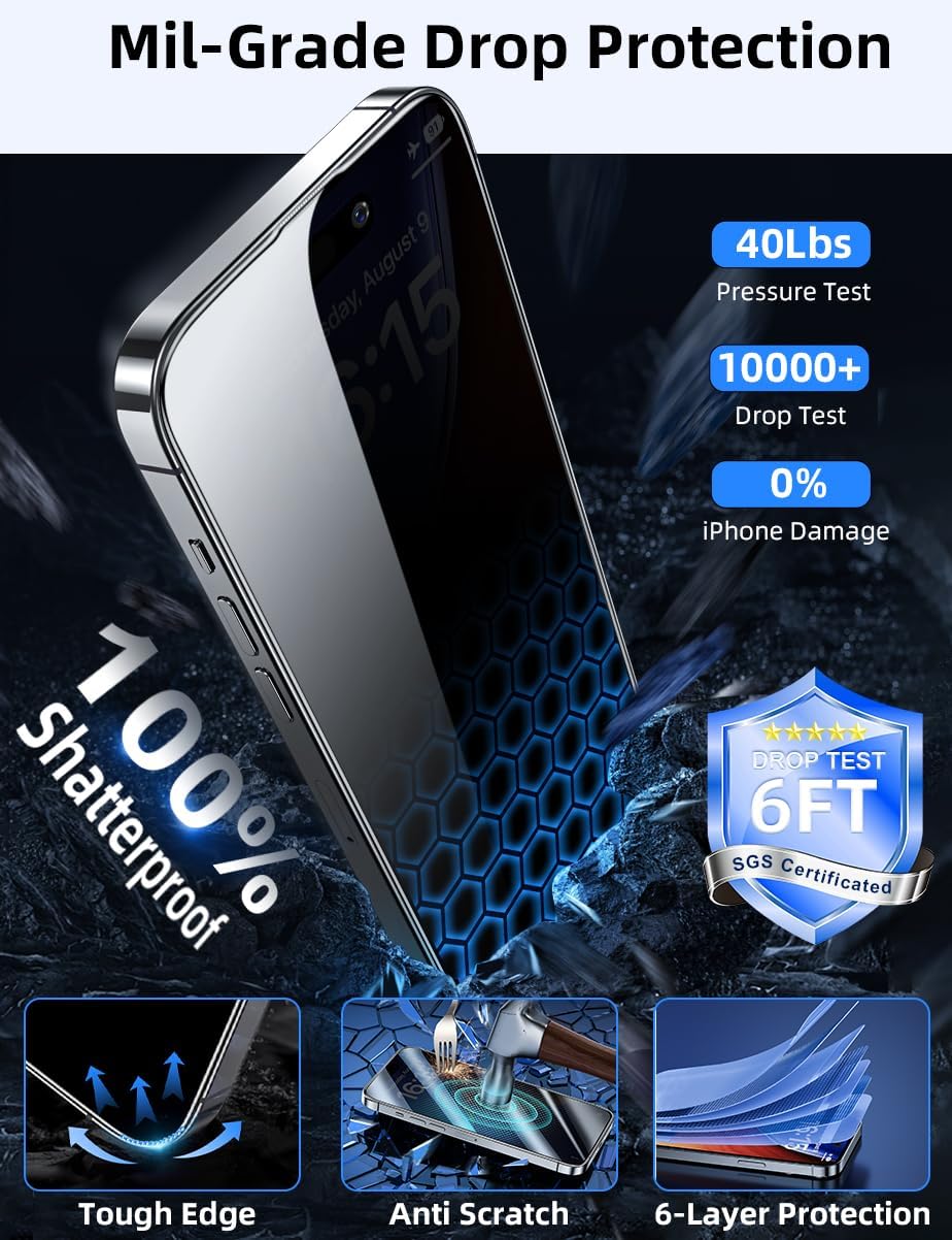 iPhone 15 Pro Max Privacy Screen Protector [6.7 Inch][2-Pack] - Tempered Glass, Anti-Scratch, Anti-Peep, Full Coverage,
