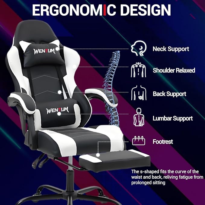 Gaming Chair with Footrest for Adults - PU Leather Video Game Chair w/Massage Lumbar Support for Men Women Ernogomic Computer Gamer Chair for Home Office Height Adjustable White