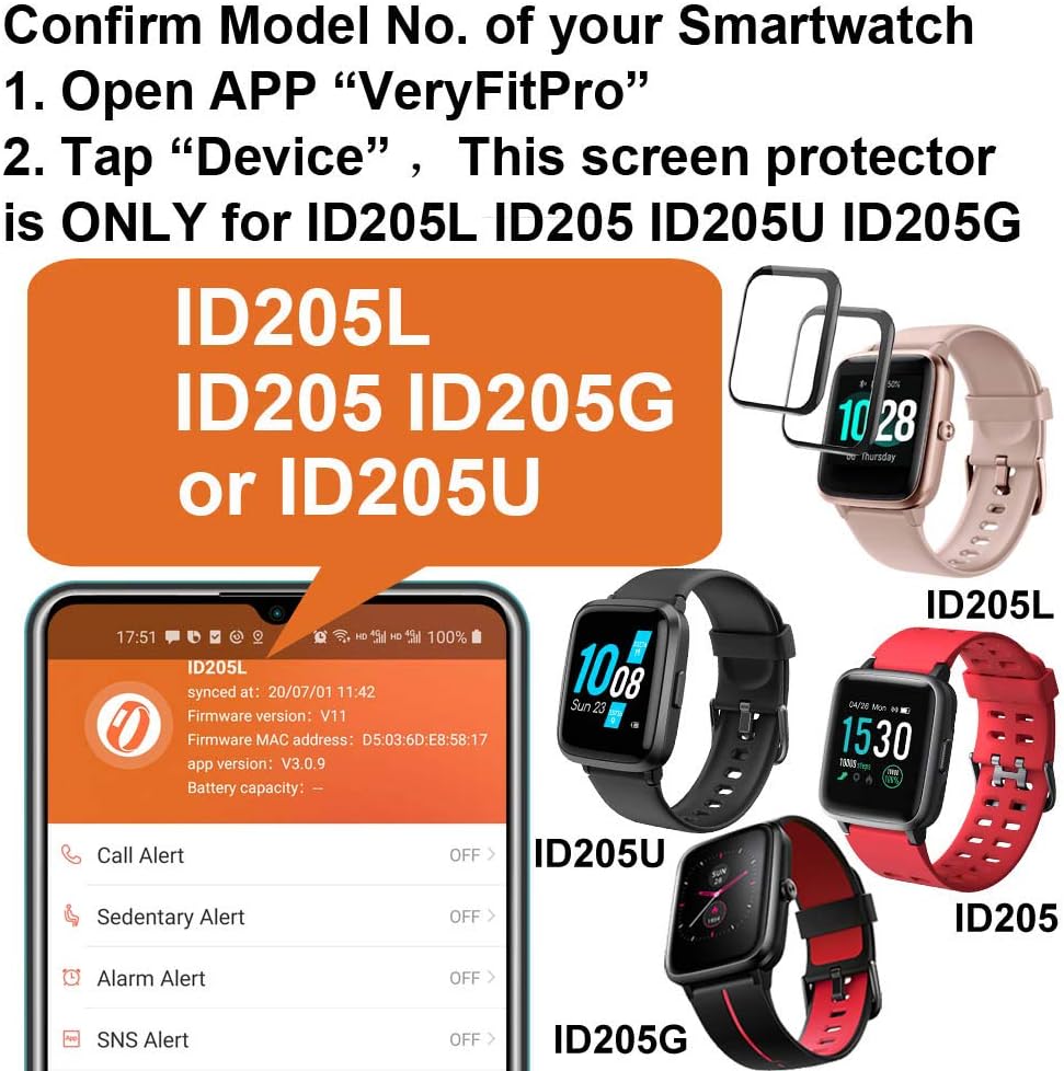 3D Screen Protector Compatible with 1.3 inches ID205L Smart Watch, 3-PACK for ID205 Series