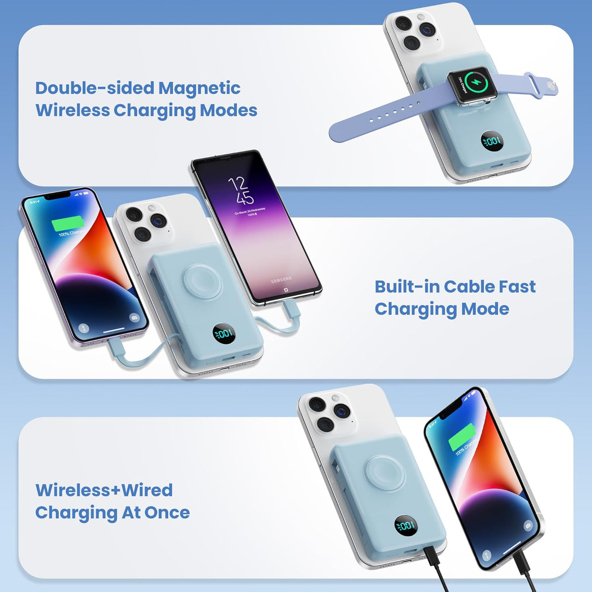 Magnetic Portable Charger 10800mAh for iPhone with Built-in Cables, 6-in-1 Wireless Power Bank with iWatch Charger, 25W PD Fast Charging USB C Battery Pack for iPhone 16/15/14/13,Apple Watch(Sky Blue)