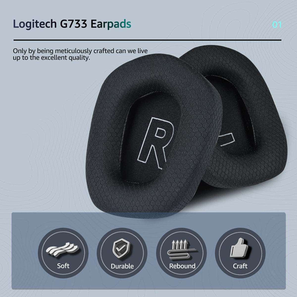 Wzsipod Fabric Replacement Ear Pads for Logitech G733 Gaming Headset, Also Fit Logitech G335 Wireless Headphone, EarPads Accessories with Soft Mesh