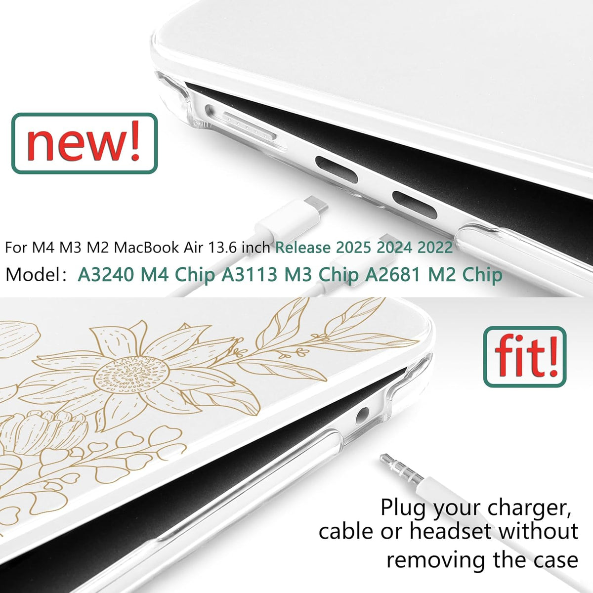 TWOLSKOO Compatible with M4 MacBook Air 13.6 inch Case 2025-2022 Release M4 A3240 M3 A3113 M2 A2681, Plastic Hard Shell & Keyboard Cover & Type C Adapter & Screen Protector, Monoline Floral