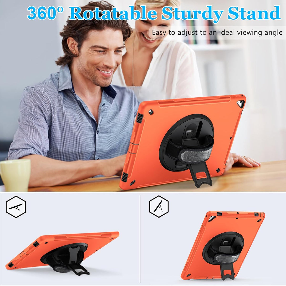 Case for iPad Pro 12.9 2nd Generation 2017 & 2015 1st Generation, Heavy Duty Rugged Shockproof Protective Cover w/ 360° Rotatable Stand + Handle Hand & Shoulder Strap + Pencil Holder-Orange