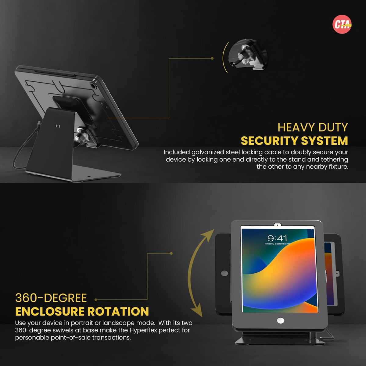 Desktop Anti-Theft Stand – CTA Kiosk Stand with Stylus, Tether, and Aluminum Enclosure for iPad (Gen 2-6), Air (Gen 1 & 2), & Pro 9.7 - Black (PAD-DASB)