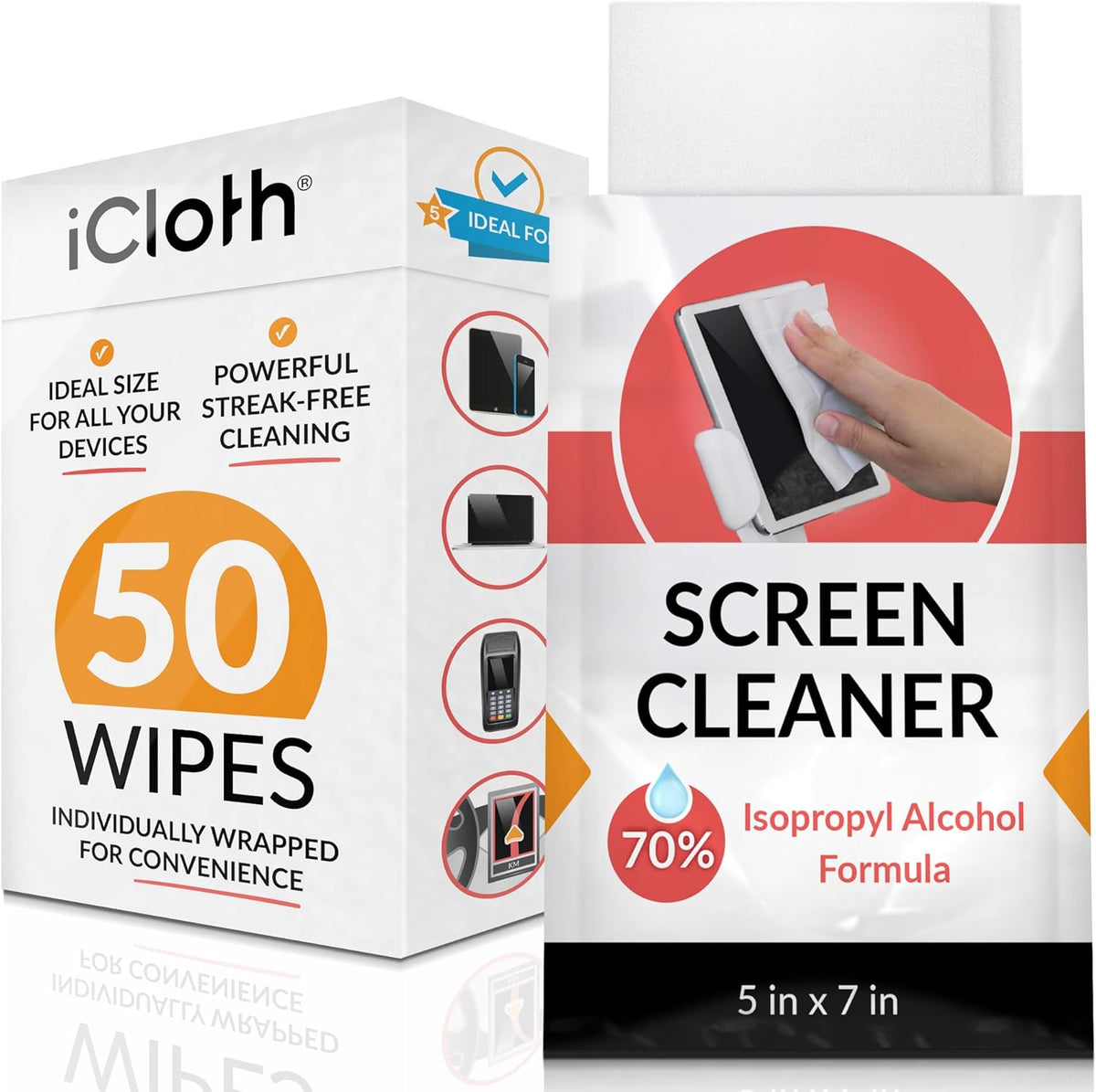 iCloth 70% Isopropyl Alcohol Large Screen and Electronics Wipes, Lint-Free, Streak-Free, Fast-Drying, Removes Dust and Fingerprints (50 Wipes)