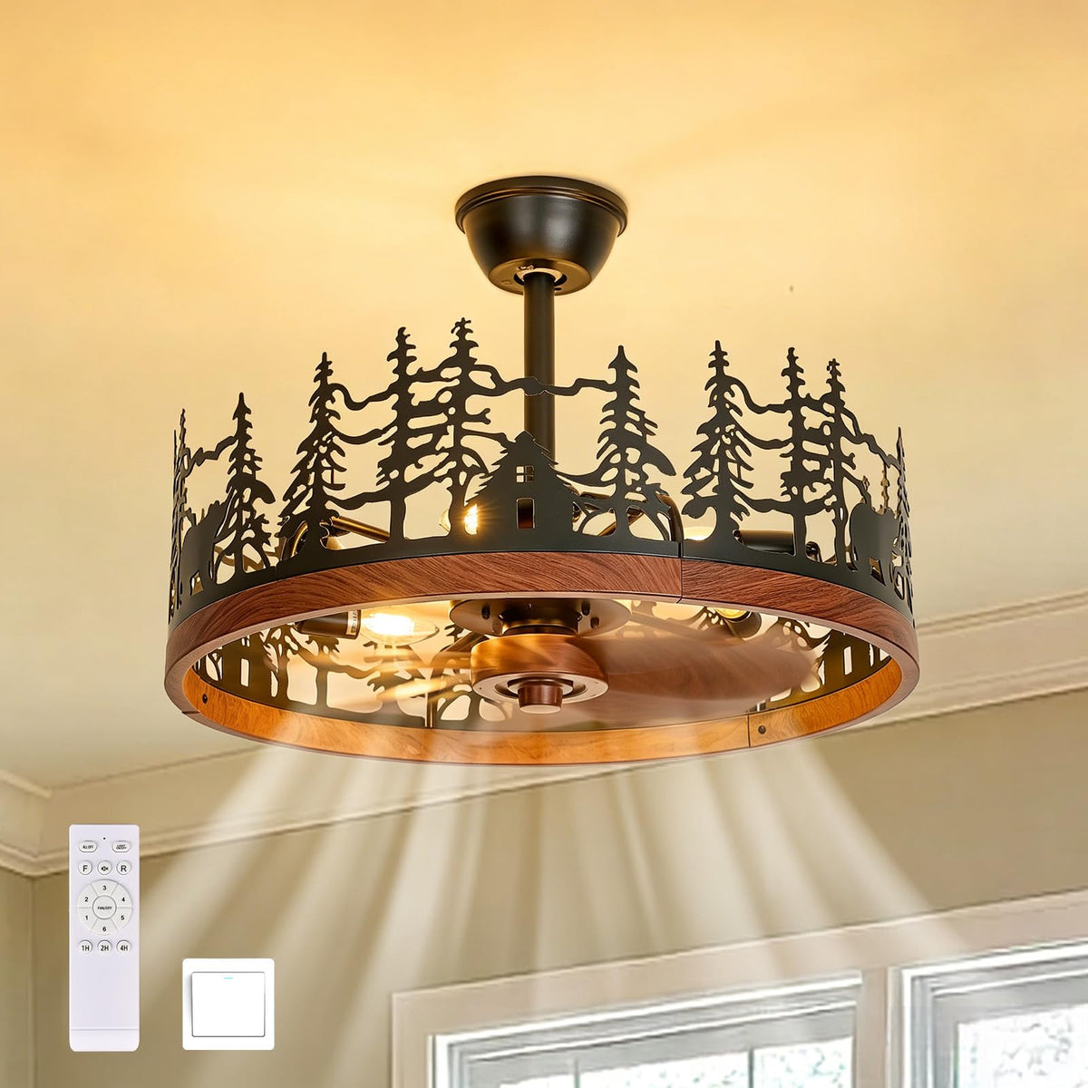 Monikessy 23.6 Inch Farmhouse Rustic Ceiling Fans with Lights, Vintage Walnut Wheels Flush Mount Bladeless Chandeliers Fan, Adju