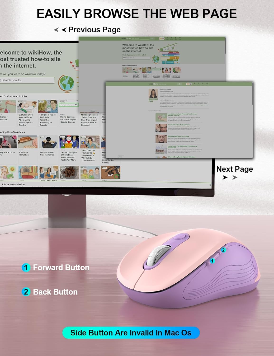 Trueque Wireless Mouse for Laptop, 2.4GHz Ergonomic Computer Mouse with Back & Forward Buttons, 3-Level DPI, 6 Buttons, Optical USB Cordless Mice for Windows Chromebook MacBook PC (Pink Purple)