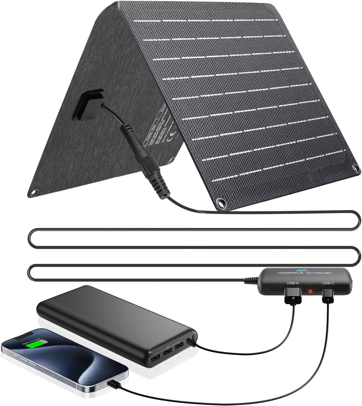 Ecosonique 10W/15W/30W/60W Portable Solar Panel Charger, IP67 Waterproof ETFE USB Solar Phone Charger with Detachable Power Hub, 2025 Latest Version Compatible with iPhone, Power Bank, Smartwatch