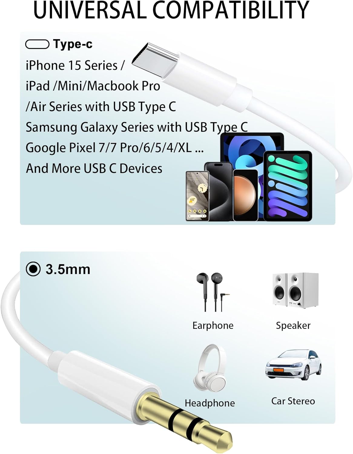 AUX to USB C, USB Type C to 3.5mm Audio Aux Headphone Jack Cable for iPhone 15 Pro Max, 3.3ft White