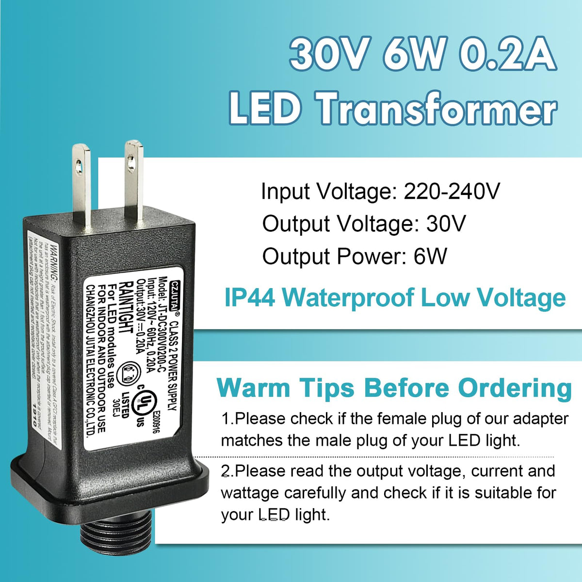 CZJUTAI JT-DC060V1000 Premium 6V 1A 6W LED - Class 2 Transformer, IP44 Waterproof, US Plug for Christmas and String Lights, Indoor & Outdoor Use[XB60]