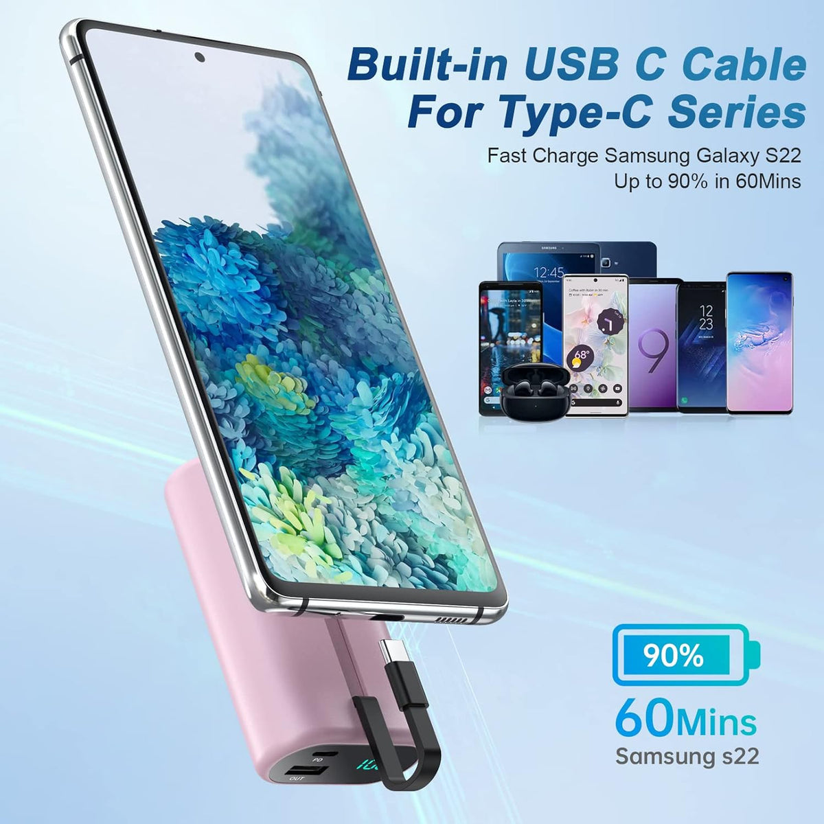 Small Portable Charger 10800mAh with Built-in USB-C Cable, Mini PD 3A Fast Charging Battery Pack for Samsung Galaxy