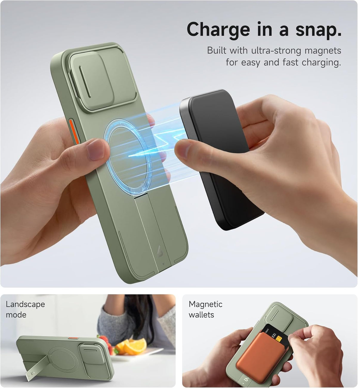 SURITCH for iPhone 13 Pro Max/12 Pro Max Case with Magnetic Camera Slide Cover and Adjustable Kickstand, Compatible with MagSafe, Shockproof Bumper Case Slim Protective Cover 6.7 Inch, Green