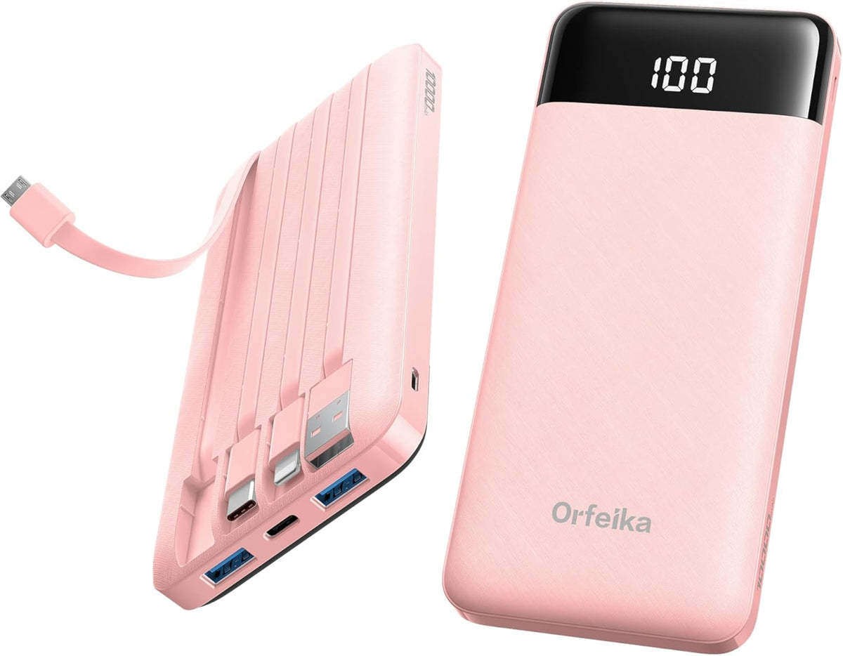 Portable Phone Charger, 10000mAh Portable Charger Power Bank with Built-in Cables, Travel Essential Battery Pack Compatible with iPhone, Samsung, Google, iPads, Tablets, etc