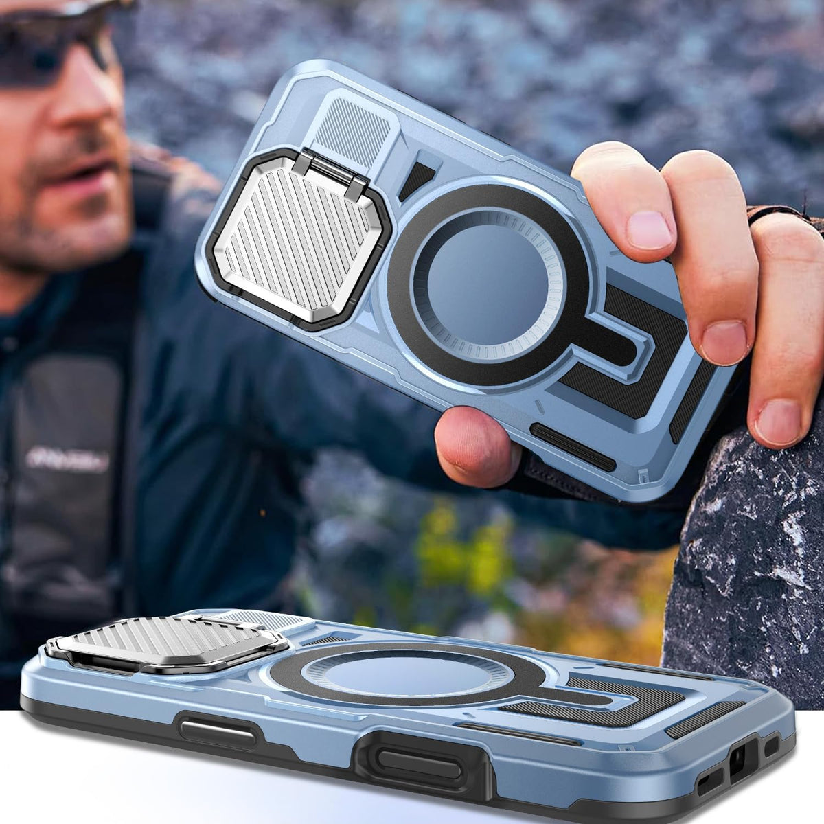 Camera Stand Case for iPhone 16 Plus, [Compatible with Mag Safe] [Lens Cover] 2024 Version Military Grade Protective Soft Case for iPhone 16 Plus 6.7 inch Men Women,Blue