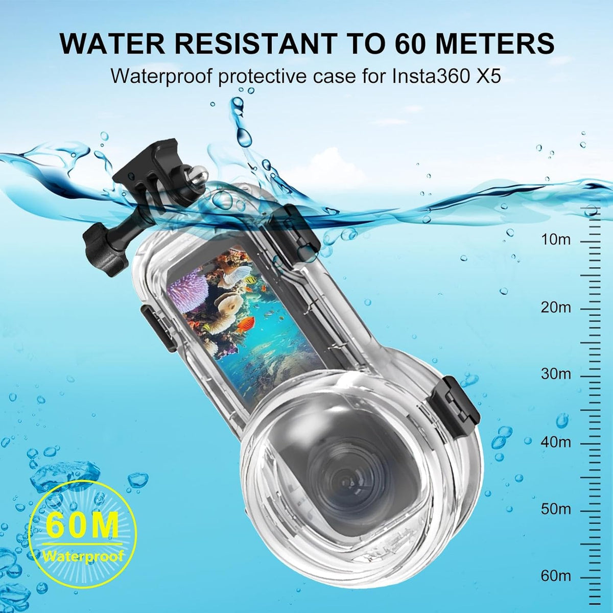 Invisible Dive Case for Insta360 X5, FotStdio Insta 360 X5 Waterproof Case 196ft Underwater Diving Housing Cover with Lens Guard Protective Sealed Shell Photography Housings Action Camera Accessories