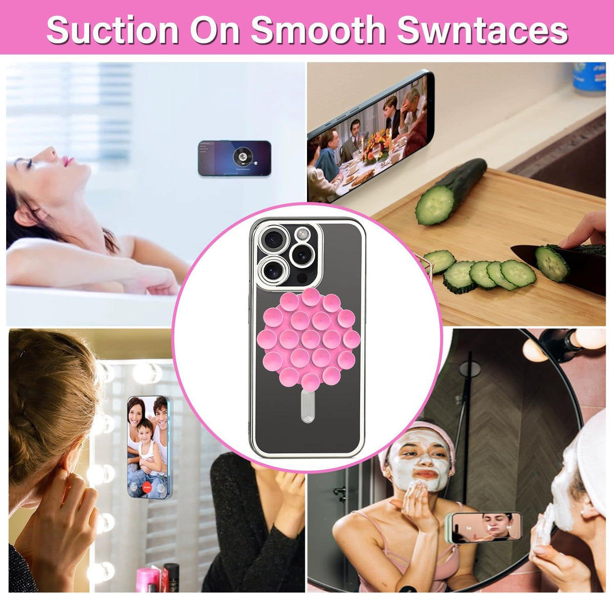 Silicone Suction Phone Case Magnetic Mount, Hands-Free Accessory for iPhone and Android, Mirror Shower Holder (Black)
