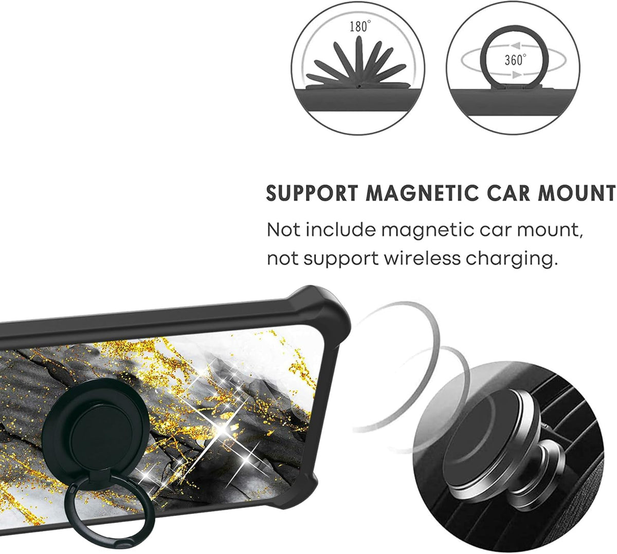 Vortex CG65 Phone Case Cover Compatible with Vortex CG65 [Hard PC + Soft Silicone][Ring Support] [Gold Glitter+Luminous]