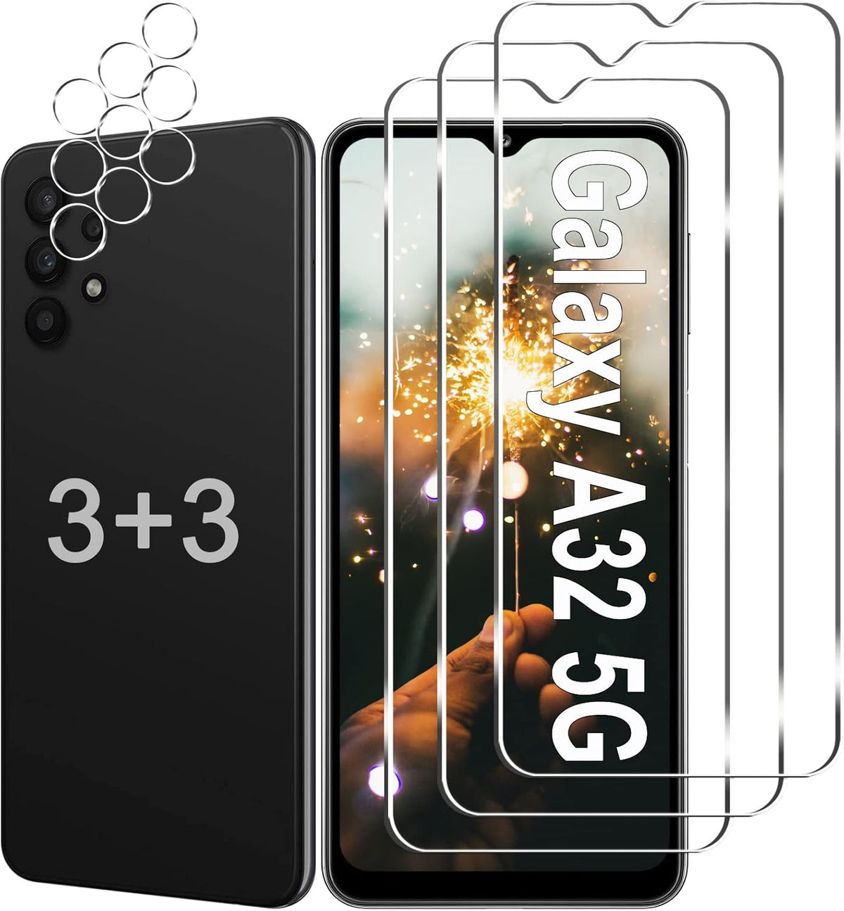 [3+3 Pack] Screen Protector + Camera Lens Protector for Galaxy A32 5G, 9H Hardness Tempered Glass, Scratch Resistant,