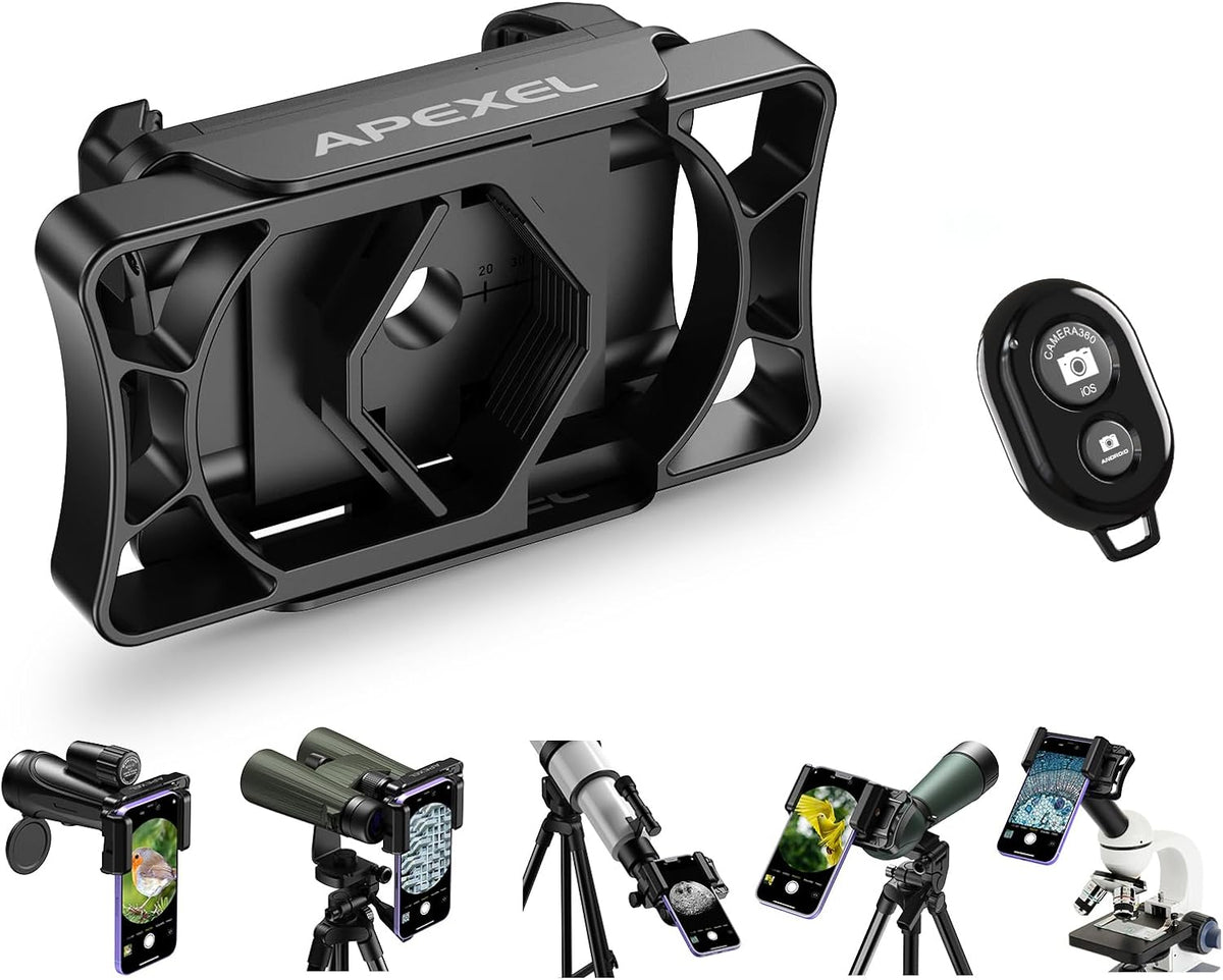 APEXEL Telescope Phone Adapter, Binocular Photo Adapter for Android & iPhone, Phone Holder Mount for Telescope, Monocular, Binocular, Microscope, Spotting Scope. (Including Bluetooth Shutter Remote)