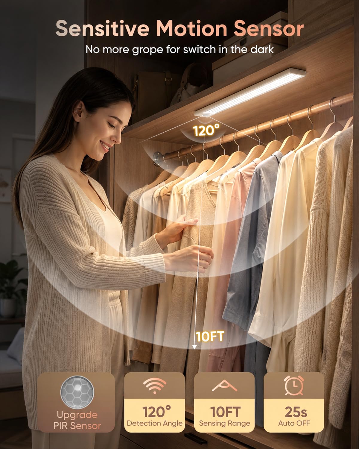 12inch Under Cabinet Lighting Wireless, 152LED Motion Sensor Light Indoor, USB Rechargeable Closet Lights, 3 Color Temps & Dimmable, Stick On Under