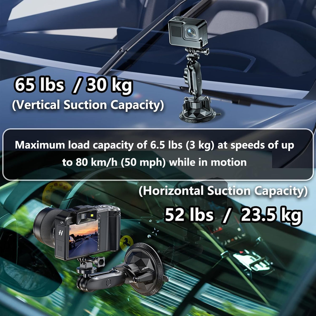 Camera Suction Cup Mount with Ball Head Magic Arm, Twist-Lock Composite Suction Cup Mount on Car Boat Windshield Window with 1/4"-20 Threaded for Action Camera/Camcorder/Phone Holder