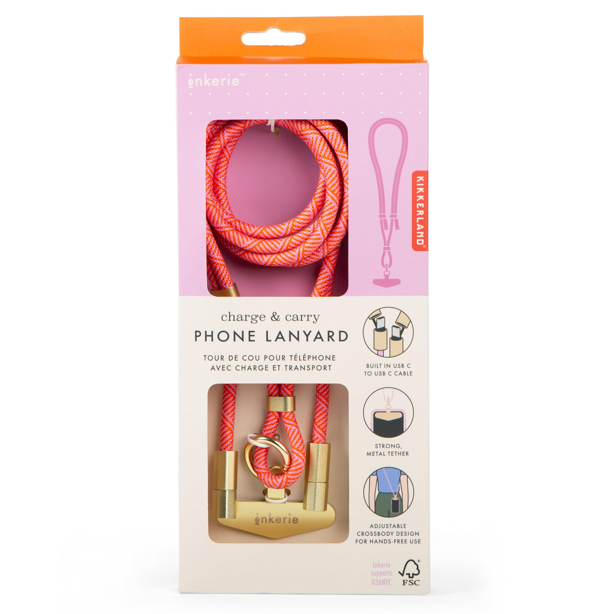 Kikkerland Inkerie Charge & Carry Phone Lanyard - Hands-Free Crossbody Phone Holder with Built-In C to C Charging Cord - Pink