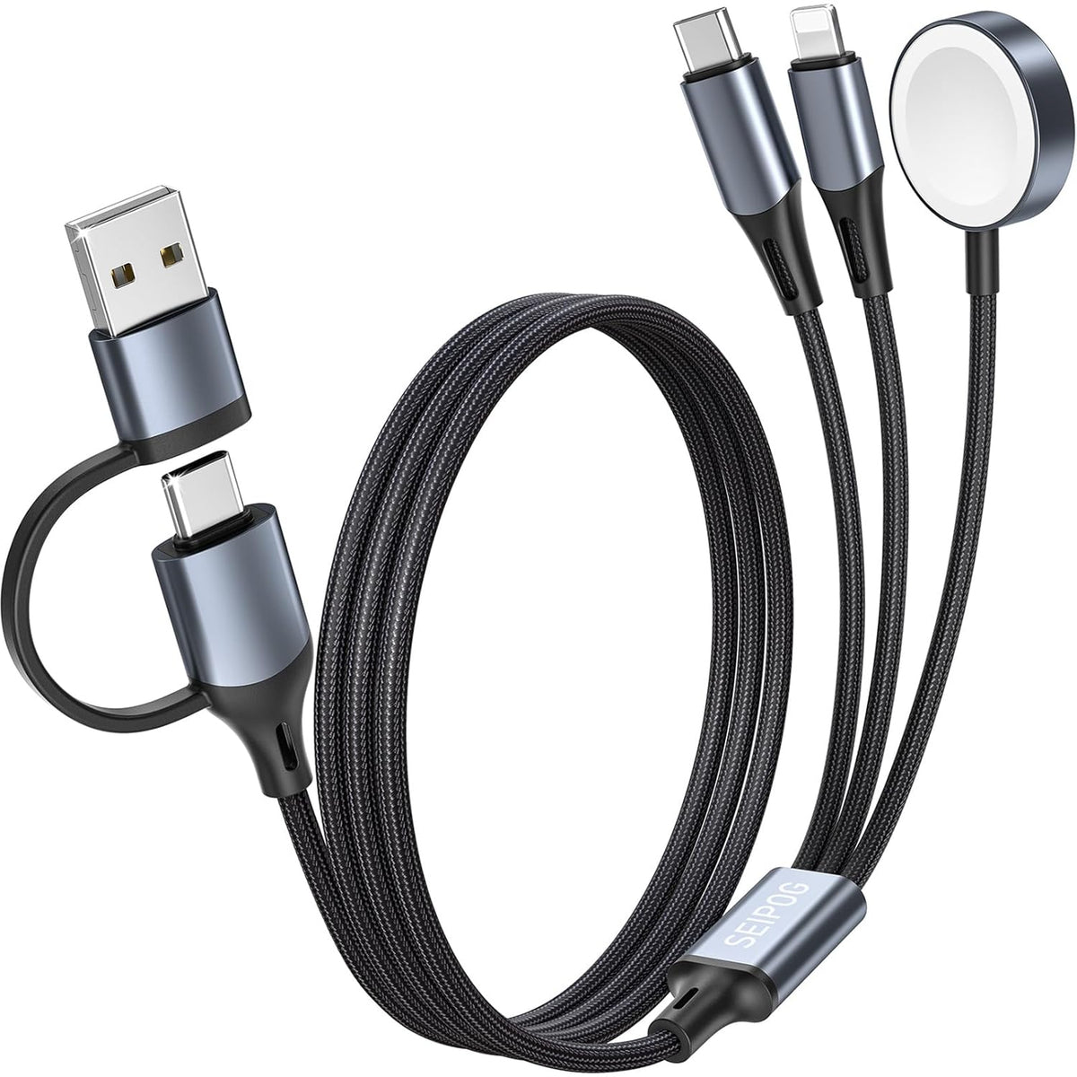 3 in 2 Multi Charging Cable for Apple Watch Charger, Nylon Braided 4FT Multi Chargers for All Devices, USB C Multiple Charger Cord Compatible with iPhone 16 15 14/iWatch UItra/SE/9-1/Galaxy Android