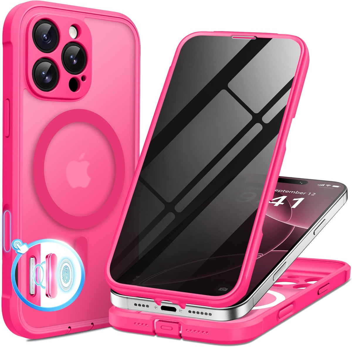 BERFY Magnetic for iPhone 16 Pro Case, Compatible with MagSafe, Built-in Privacy Screen Protector and Upgraded Camera Protection, Anti-Spy Full Body Shockproof Phone Case for 16 Pro 6.3", Hot Pink