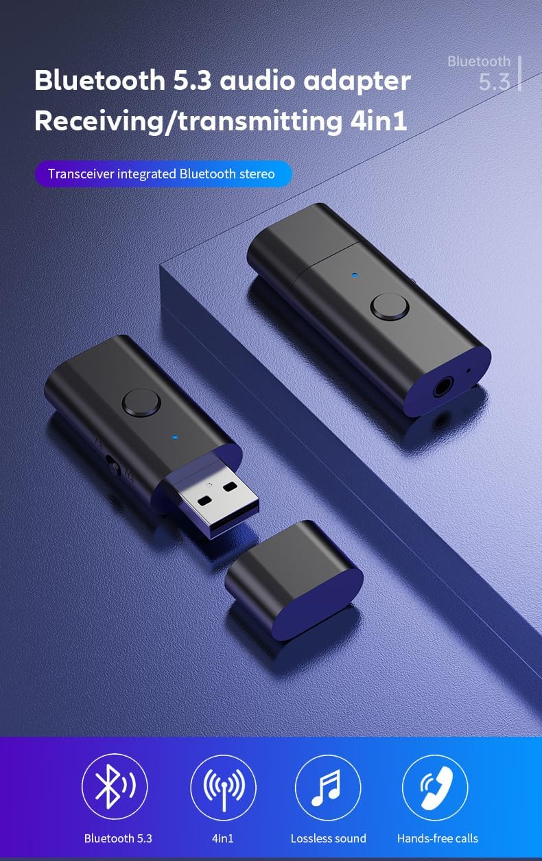 Bluetooth 5.3 Transmitter Receiver, 3.5mm Aux Wireless USB Adapter for TV, PC, Home/Car Stereo, Low Latency, Built-in
