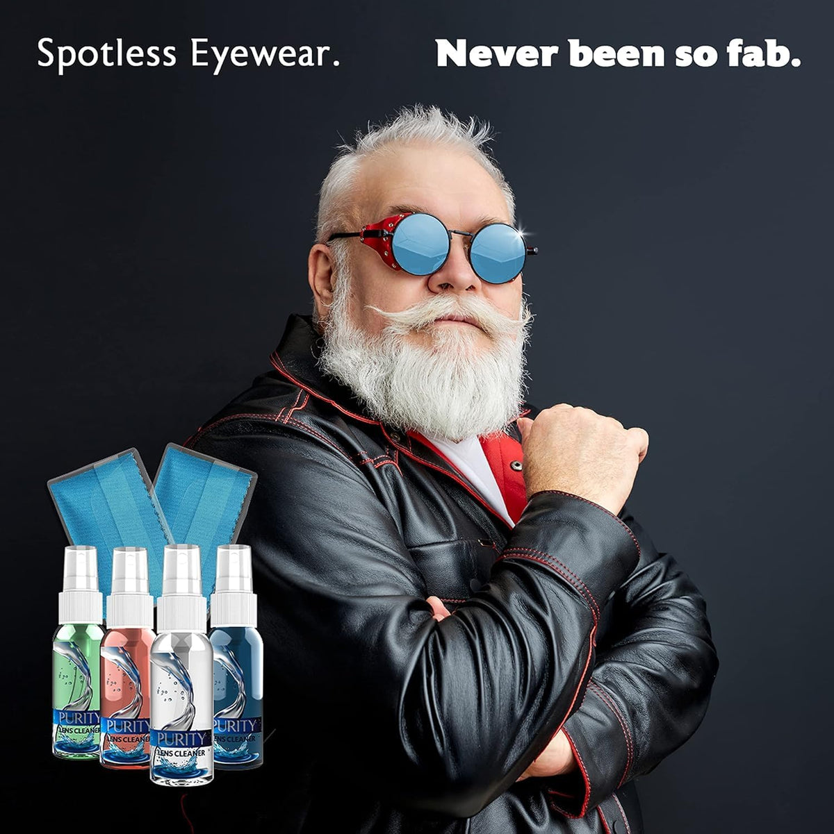 Purity Eyeglass Cleaner Family Pack - Multi-Size Lens Cleaner Kit - 1x1oz, 1x2oz, 1x4oz, 1x8oz Bottles + 4 Premium Microfiber Cloths - Safe for All Lenses, Eyeglasses, & Screens - Streak-Free Formula