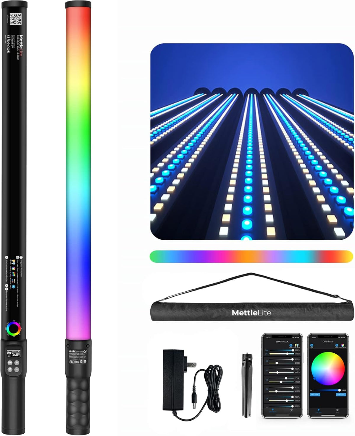 Mettlelite LS800C RGB Light Stick and Mettlelite SPL210C LED Video Light Full Color Video Light with APP Control 2800K-8000K CRI96 TLCI97 RGB CCT HSI Mode LED Light Bundle