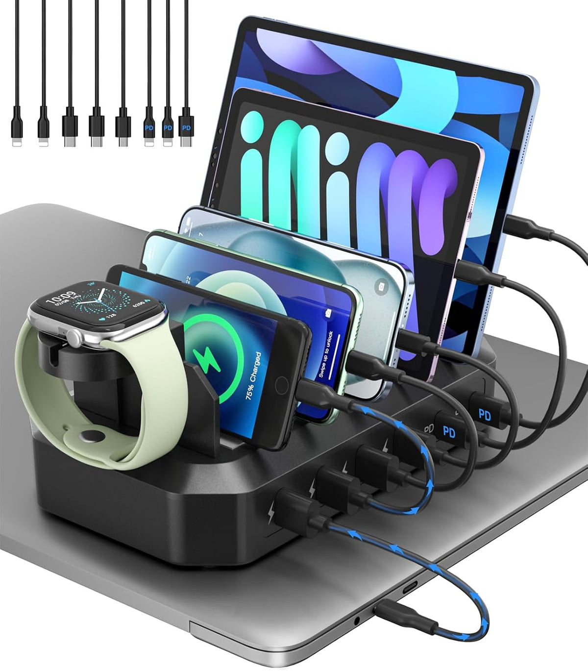 95W Fast Charging Station for Multiple Devices【Patent & Safety Certs】 6-Port USB Charging Dock with 2 PD Ports Compatible with Cellphones/iPad/MacBook/Kindle/Tablets (8 Mix Cables & 2 Stands Included)