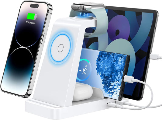 Wireless Charger for iPhone - 5 in 1 Charging Station for Multiple Devices Apple: Fast Wireless Charging Stand Dock for iPhone 16e 16 15 14 13 12 Pro Max Apple Watch Airpods(White)