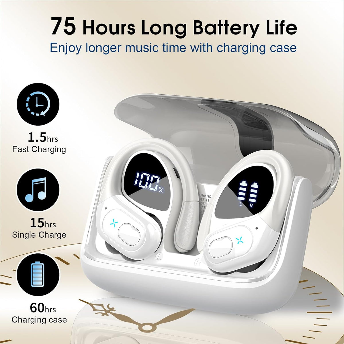 Wireless Earbuds 75hrs Bluetooth 5.4 Headphone Sport, 2025 Bluetooth Earbuds Stereo Deep Bass Over Ear Bud with Earhooks, ENC Noise Cancelling Mic, IPX7 Waterproof Earphone White