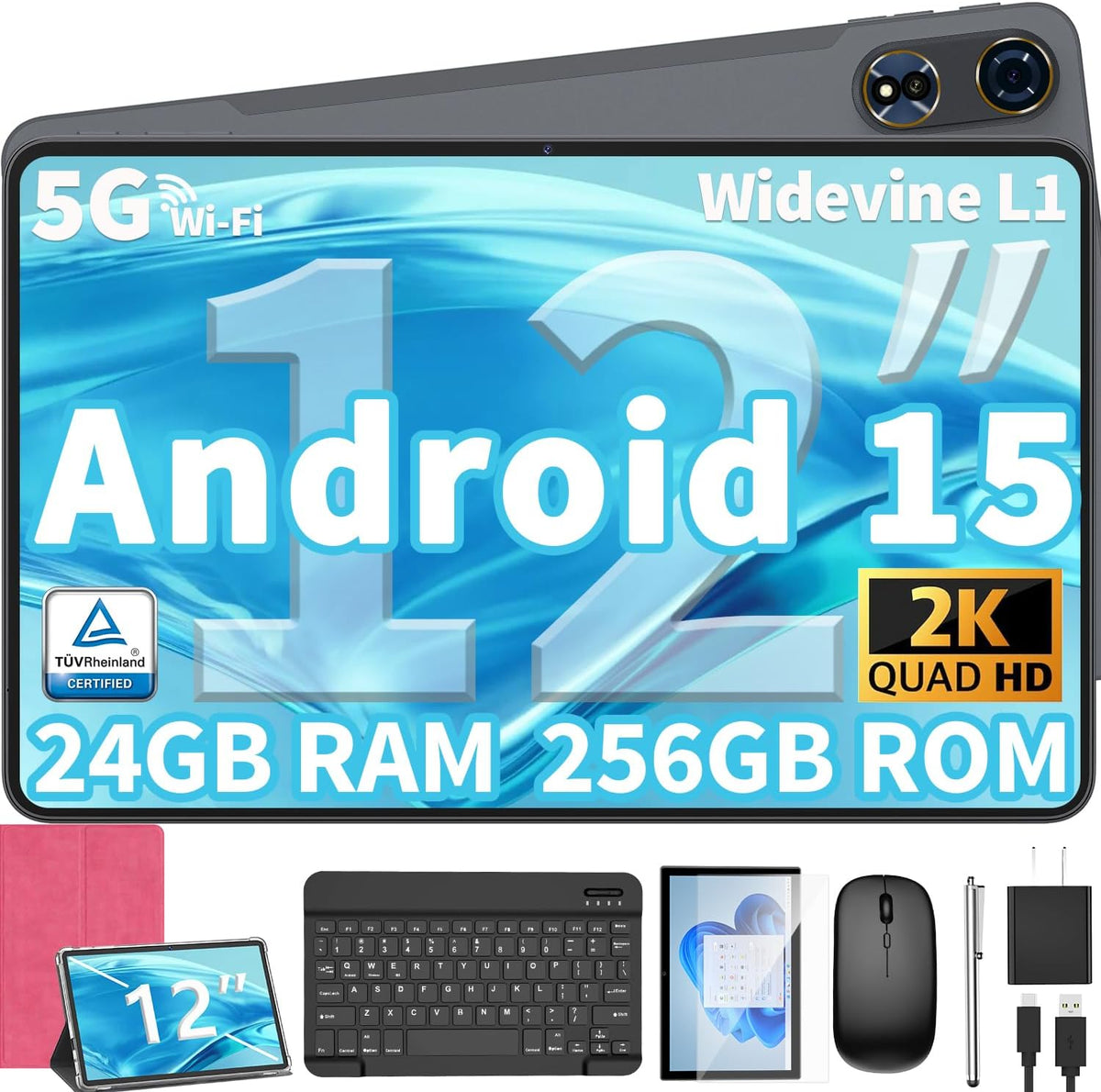 2025 Upgraded Android 15 Tablet, 12 inch Android Tablet with Keyboard, 24GB RAM+256GB ROM(1TB Expand), Octa-Core, 2K 2000x1200 Display, 16MP Dual Camera, 8000mAh, 5G WiFi, GPS, Bluetooth 5.0（Pink）
