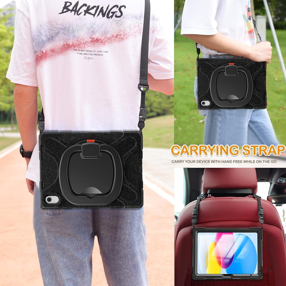 BRAECN Case for iPad (A16) 11th/10th Generation 11”/10.9'' 2025/2022-Heavy Duty Rugged Silicone Case w/Swivel Ring Stand/Kickstand/Shoulder Strap/Pencil Holder/Screen Protector-Carnival Night (Black)
