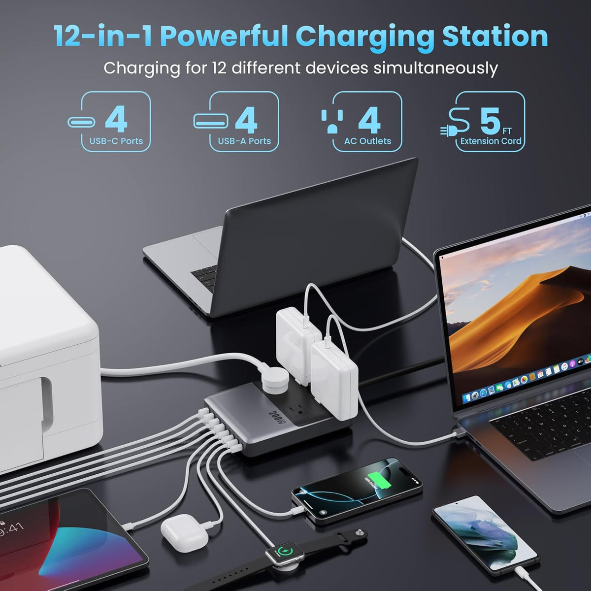 12-in-1 Charging Station USB C Power Strip with 5ft Cord and Plug,200W GaN IV USB C Charger Block,4 AC Outlets,4 USB-A,4 USB-C for MacBook,iPhone 16/15/14,Fast Charging Desktop Charger for Office,Home