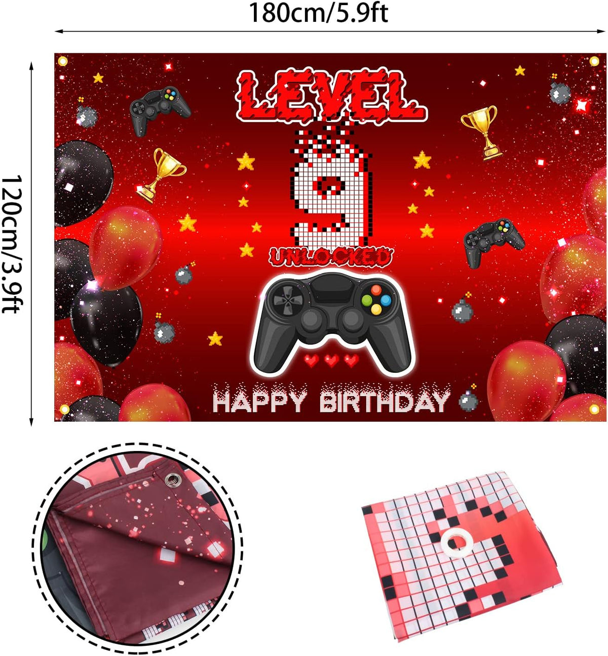 Level 9 Unlocked Backdrop Banner Decorations for Video Game Happy 9th Birthday for Boys Kids