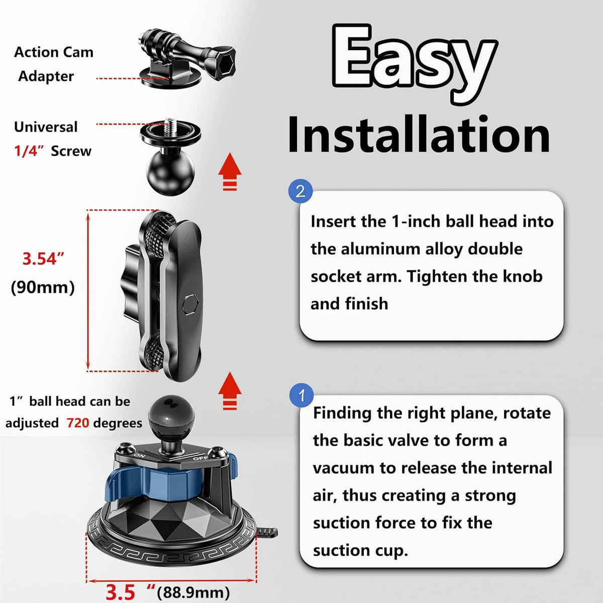 Camera Suction Cup Mount with Ball Head Magic Arm, Twist-Lock Composite Suction Cup Mount on Car Boat Windshield Window with 1/4"-20 Threaded for Action Camera/Camcorder/Phone Holder