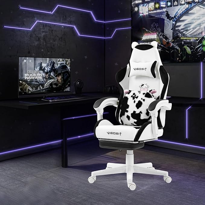 Cute Gaming Chair with Footrest - Ergonomic Computer Chair Cow Print Design High Back PU Leather Office Chairs with Lumbar Support for Adults