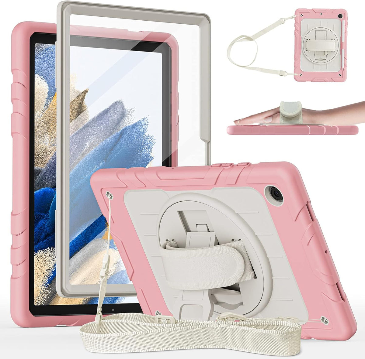 for Samsung Galaxy Tablet A8 Case 10.5 inch 2022 SM-X200/X205/X207 with Screen Protector [360 Rotating Stand] &Hand Shoulder Strap Shockproof Rugged Protective Cover|Pink&Beige