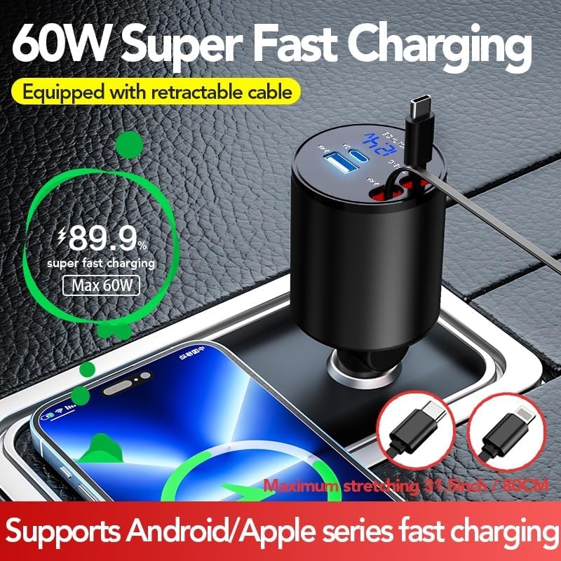 Retractable Car Charger, 4 in 1 Super Fast Car Phone Charger 60W, 2 Retractable Cables and 2 USB Ports Car Charging Adapter,Compatible with iPhone 16/15/14/13/12/11,Air-Pods 4,Galaxy,Pixel