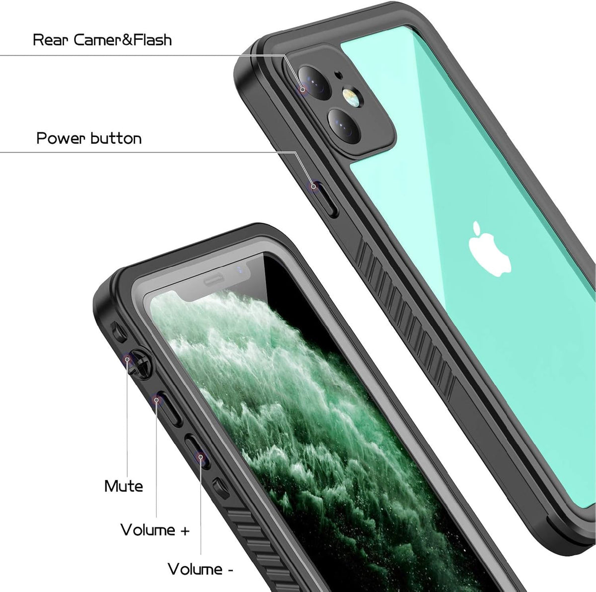 Compatible with iPhone 11 Black/Clear Waterproof Case, Full-Body Rugged Bumper with Built-in Screen Protector