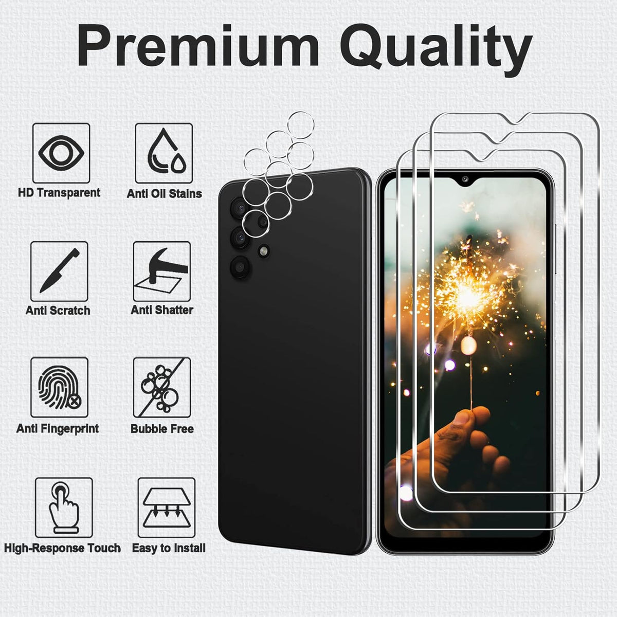 [3+3 Pack] Screen Protector + Camera Lens Protector for Galaxy A32 5G, 9H Hardness Tempered Glass, Scratch Resistant,